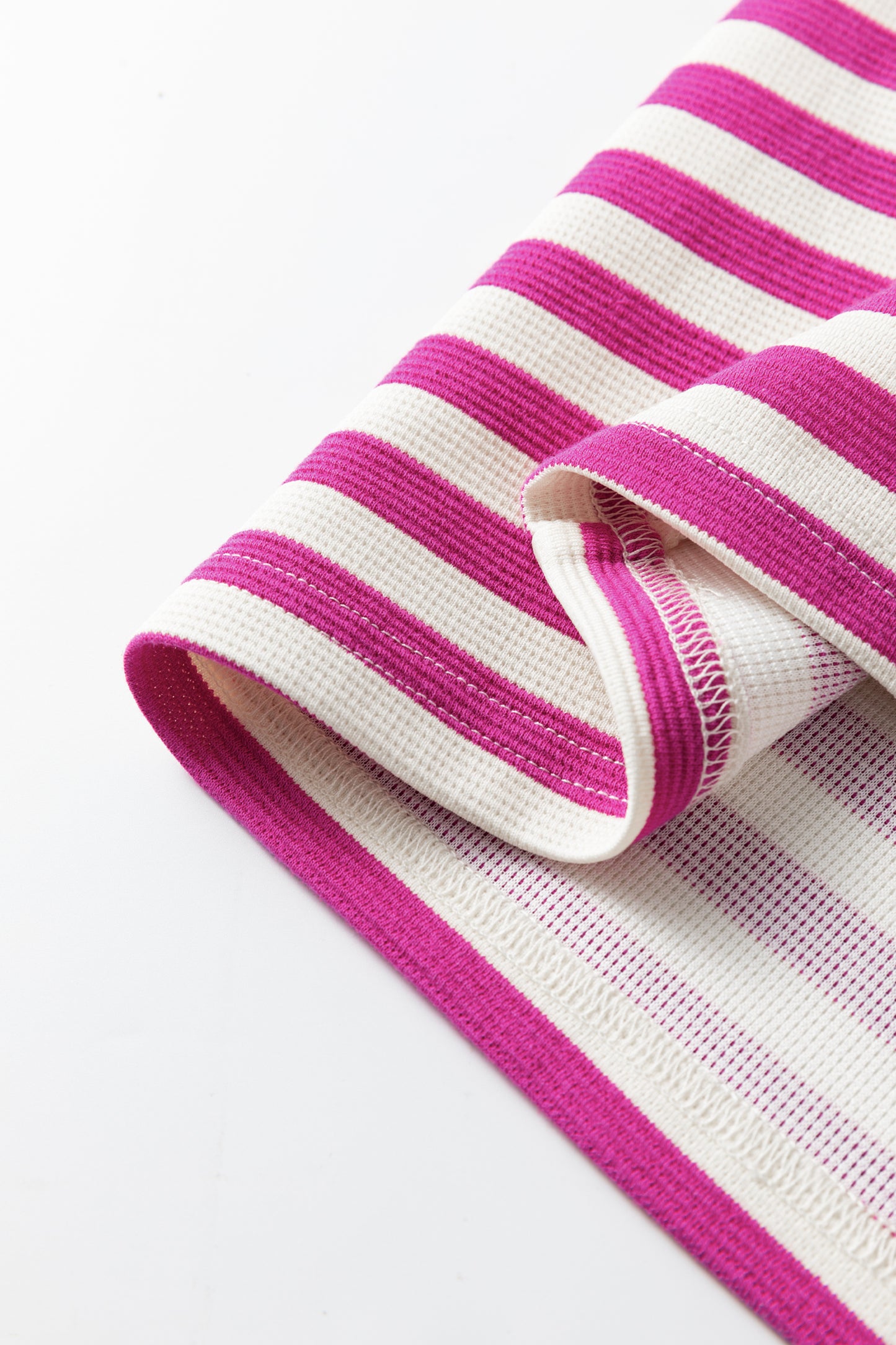 Green Stripe Short Puff Sleeve Contrast Trim Round Neck Tee