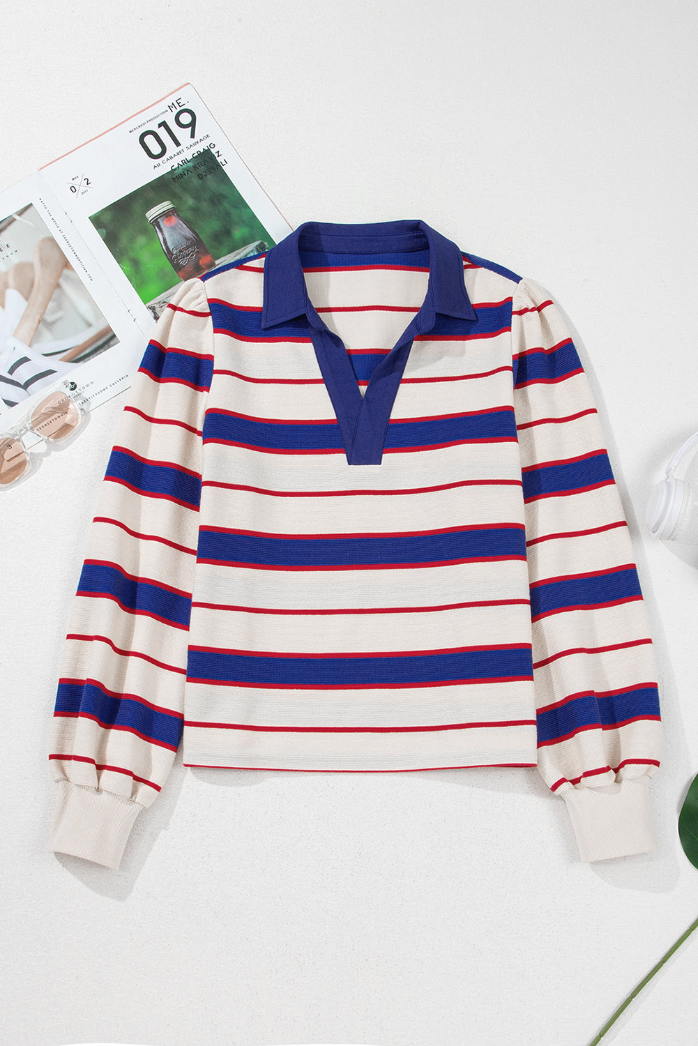 Blue Stripe Color Block Polo Pullover Sweatshirt