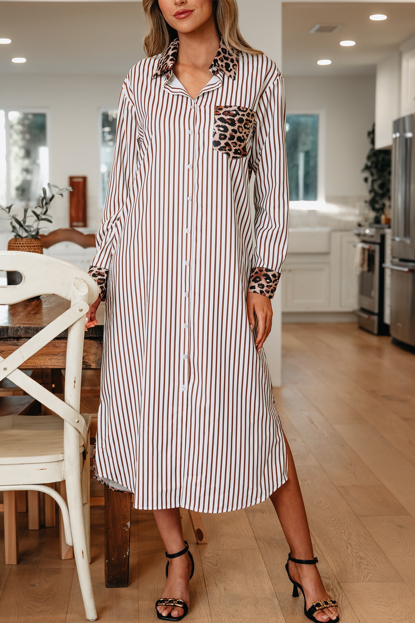 Brown Stripe Contrast Leopard Patchwork Long Shirt Dress with Slits