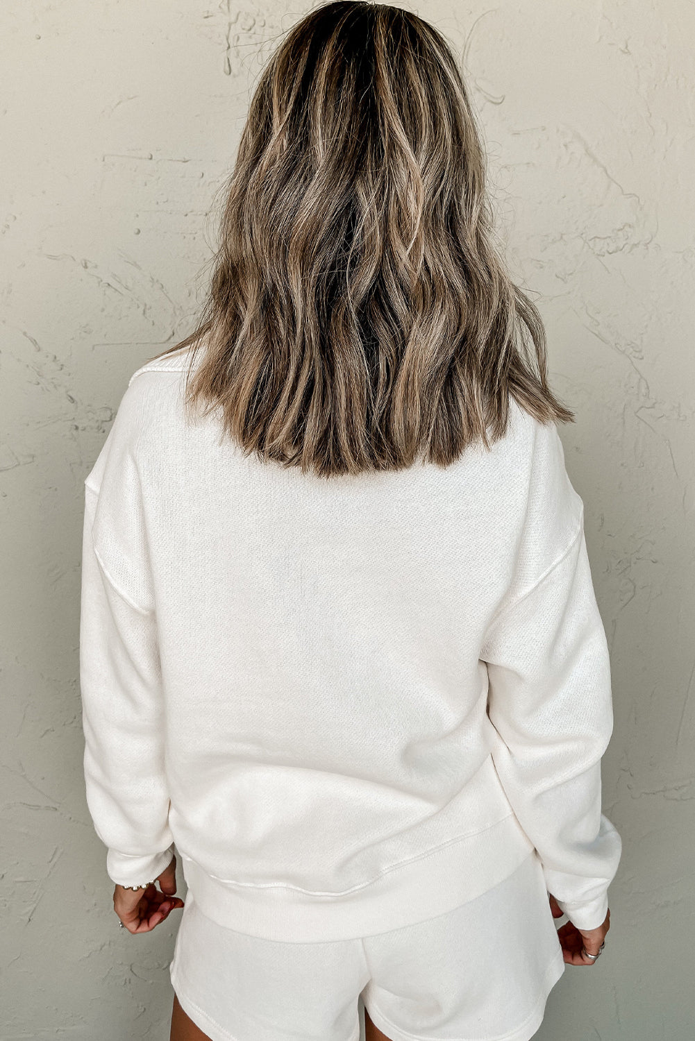 White Ribbed Collar Drop Shoulder Sweatshirt and Shorts Set