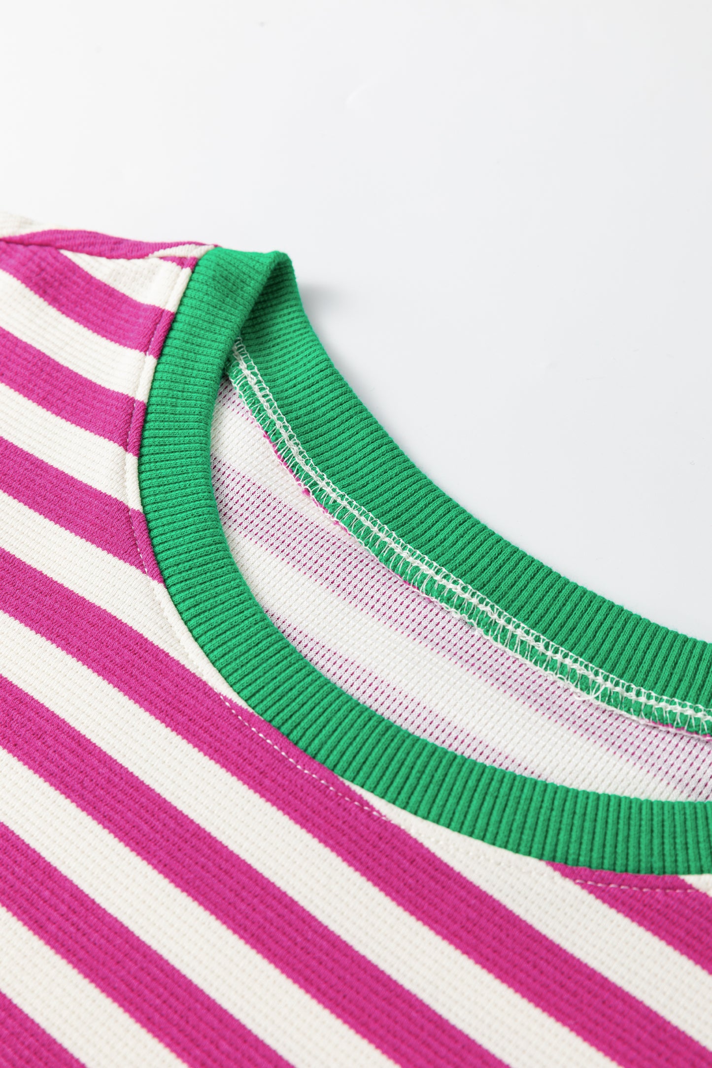 Green Stripe Short Puff Sleeve Contrast Trim Round Neck Tee