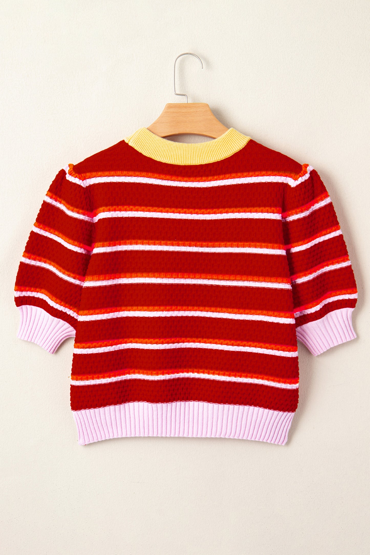 Sky Blue Stripe Colorblock Trim Half Sleeve Sweater Top