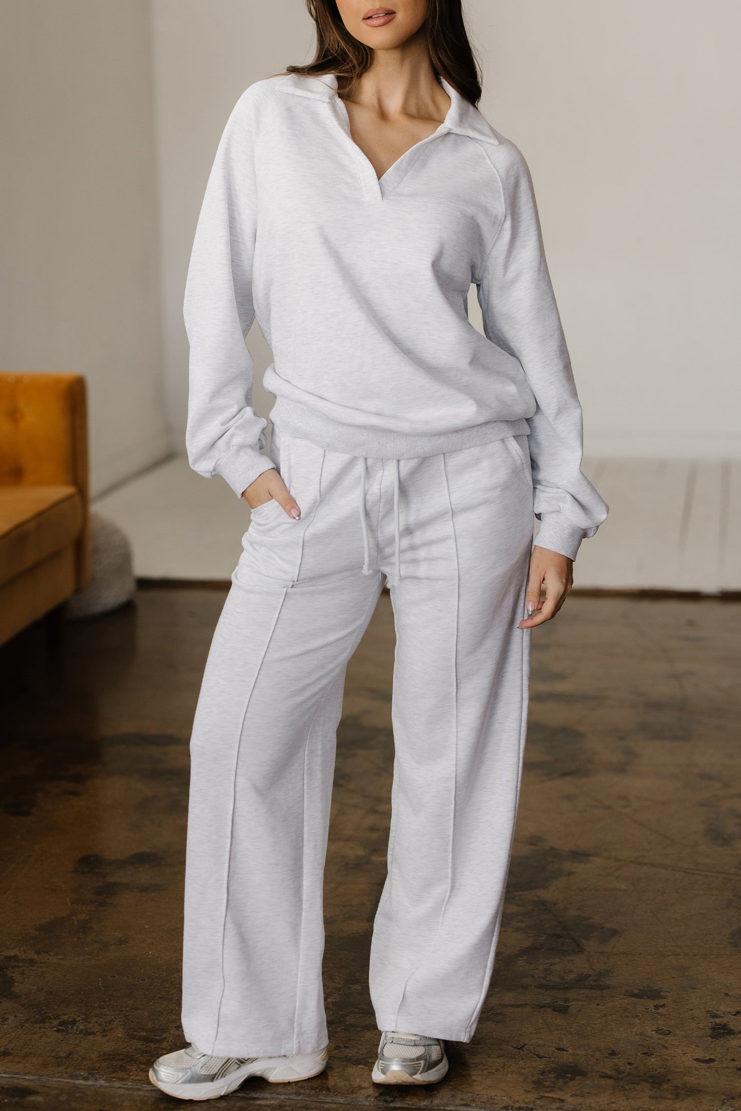 Dark Khaki Polo Collar V Neck Pullover and Drawstring Sweatpants Set