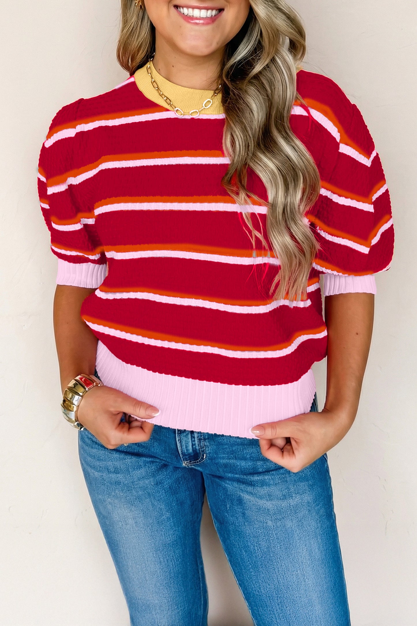 Sky Blue Stripe Colorblock Trim Half Sleeve Sweater Top