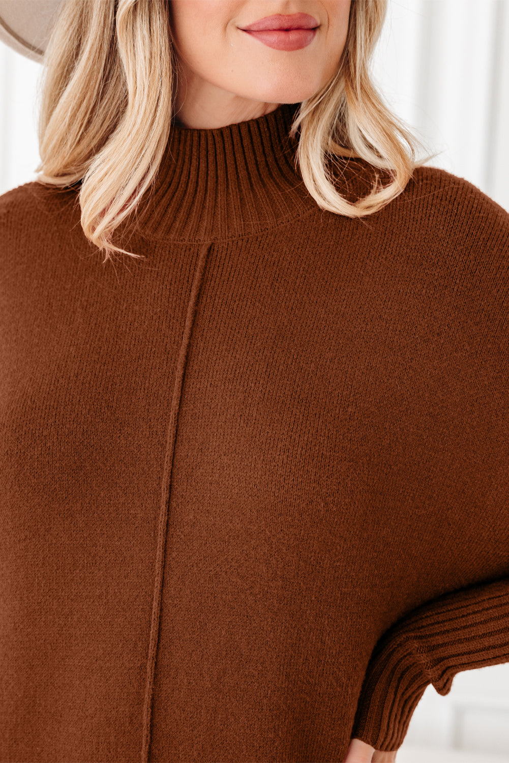 Chestnut Ribbed High Neck Front Pockets Center Seam Shift Sweater Dress