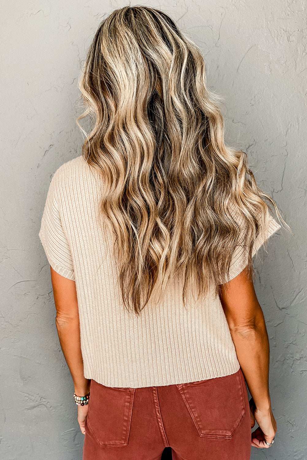 Dark Blue Patch Pocket Ribbed Knit Short Sleeve Sweater