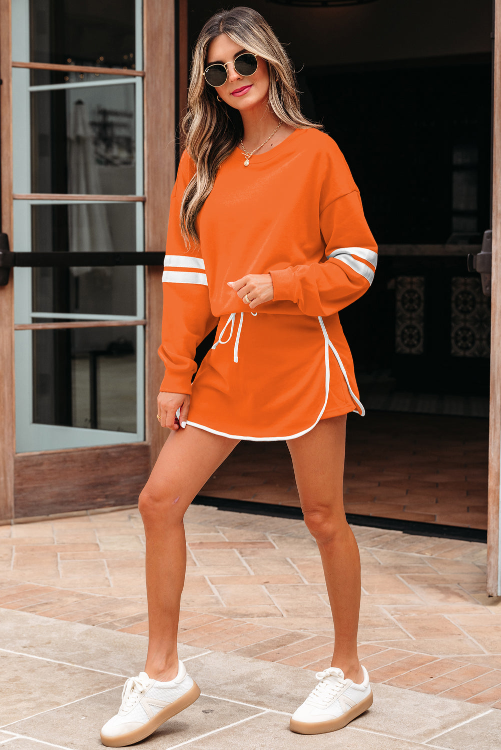 Fiery Red Varsity Stripe Detail Drop Shoulder Pullover Mini Skirt Set