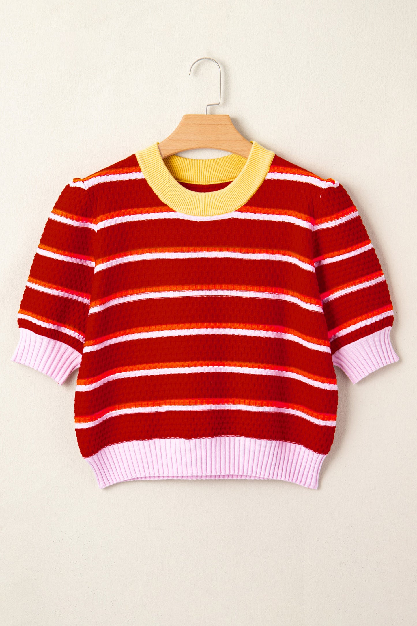 Sky Blue Stripe Colorblock Trim Half Sleeve Sweater Top