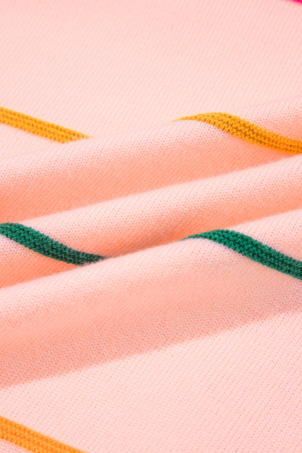 Pink Striped Half Sleeve Drop Shoulder Sweater