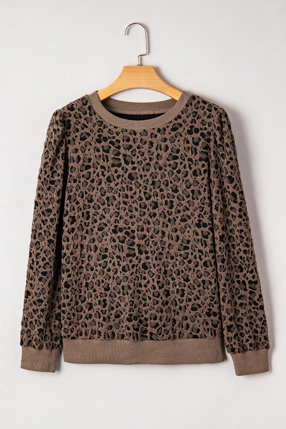 Khaki Ribbed Trim Leopard Print Long Sleeve Top