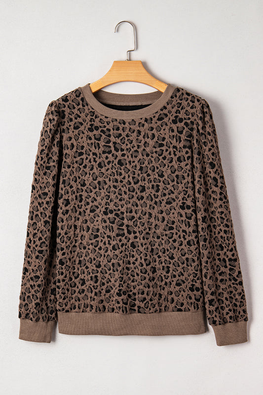 Khaki Ribbed Trim Leopard Print Long Sleeve Top