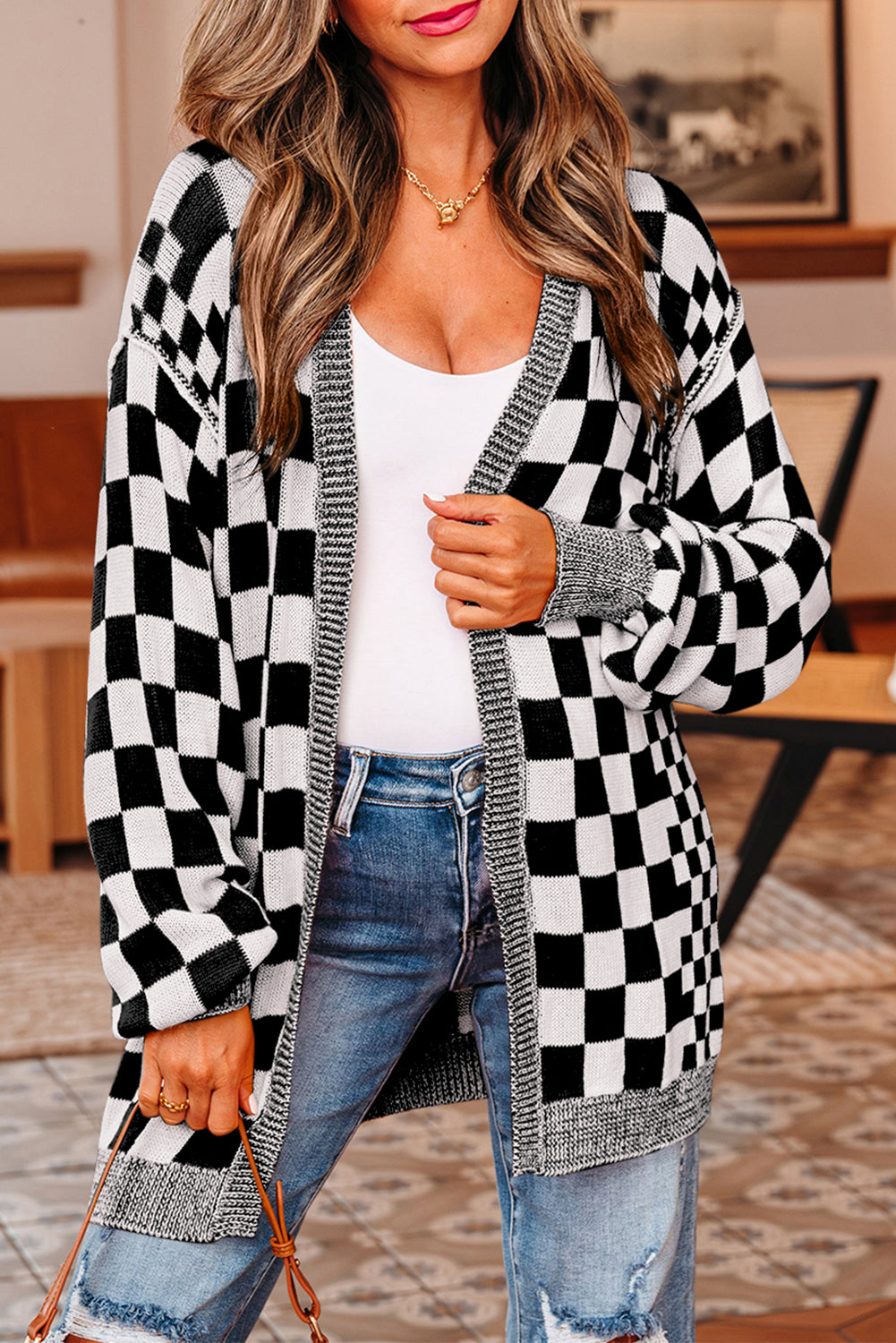 Brown Checkered Open Front Drop Shoulder Cardigan