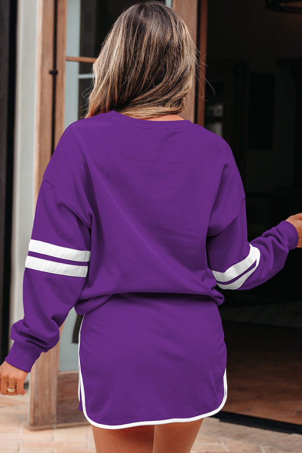 Fiery Red Varsity Stripe Detail Drop Shoulder Pullover Mini Skirt Set