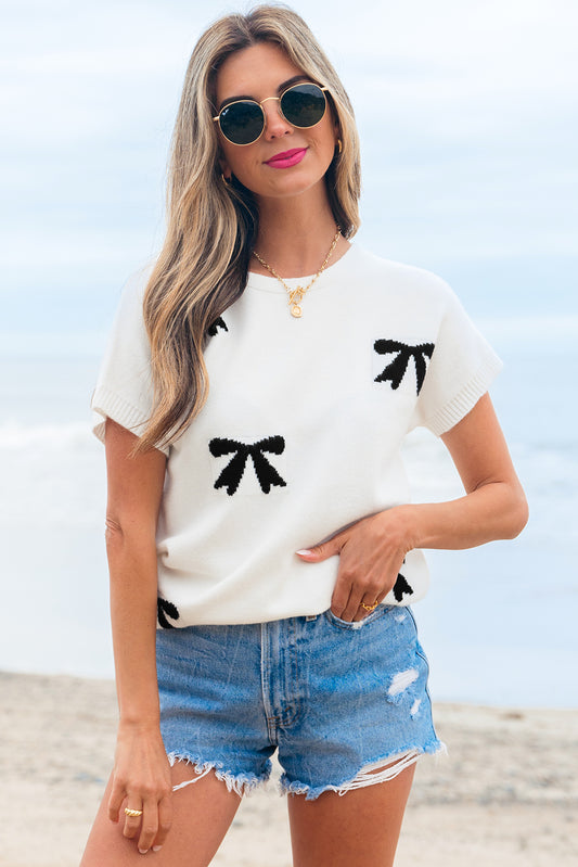 White Bow Pattern Knit Short Sleeve Sweater