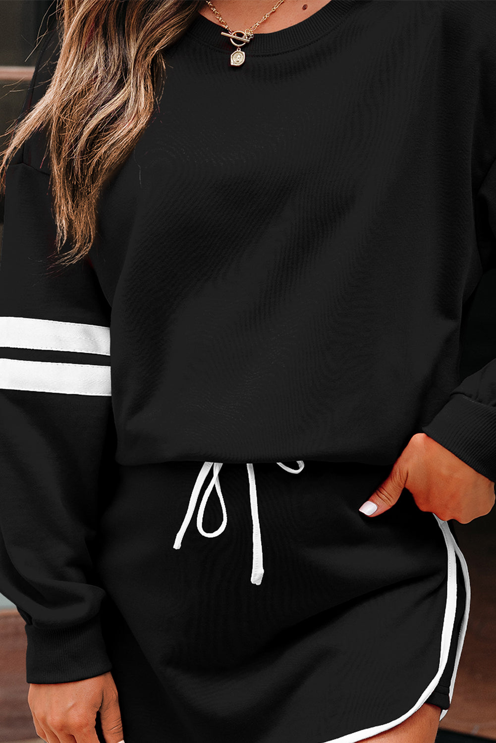 Fiery Red Varsity Stripe Detail Drop Shoulder Pullover Mini Skirt Set