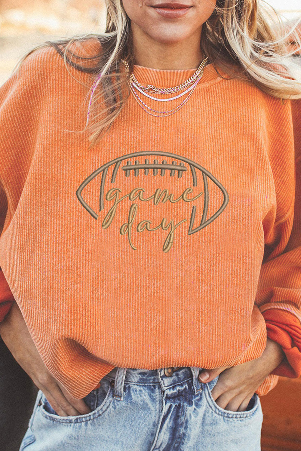 Black Rugby Game Day Embroidered Corduroy Sweatshirt