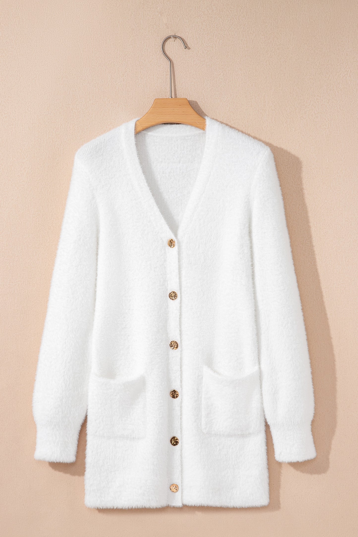 Smoke Gray Fuzzy Buttoned Front Midi Solid Cardigan