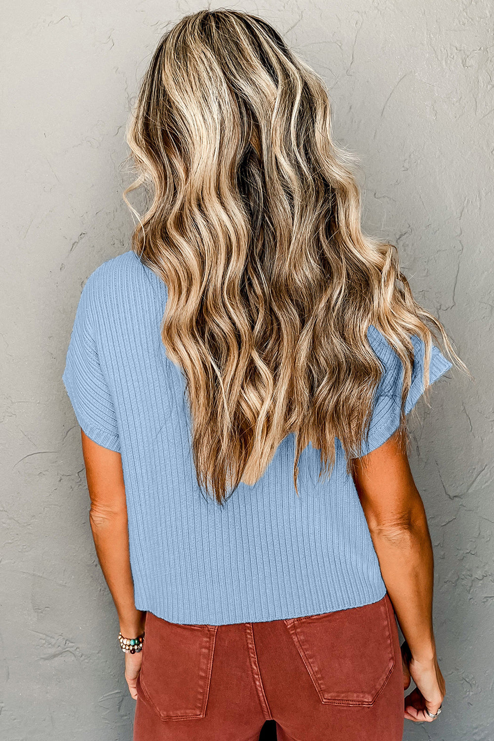 Dark Blue Patch Pocket Ribbed Knit Short Sleeve Sweater