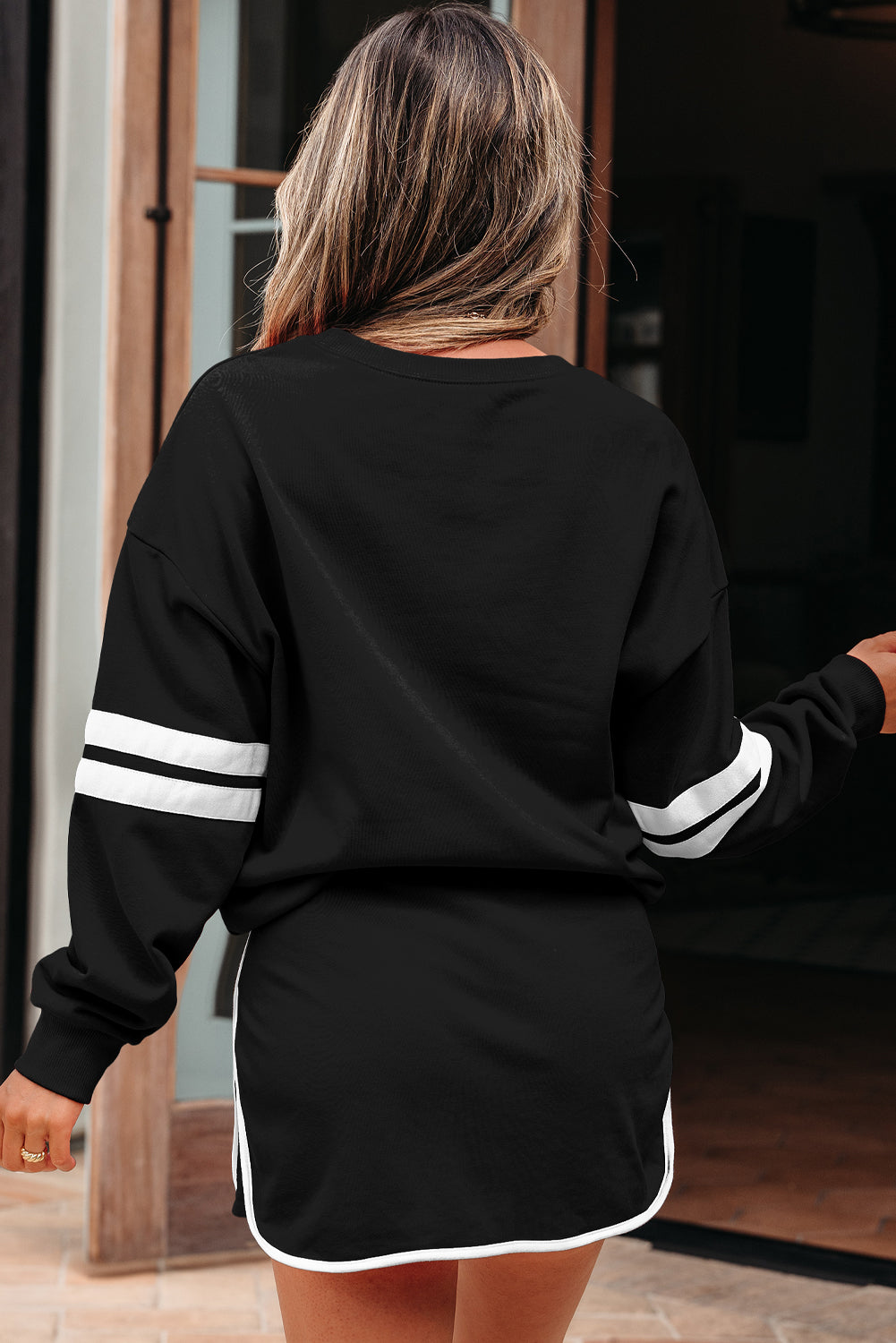 Fiery Red Varsity Stripe Detail Drop Shoulder Pullover Mini Skirt Set