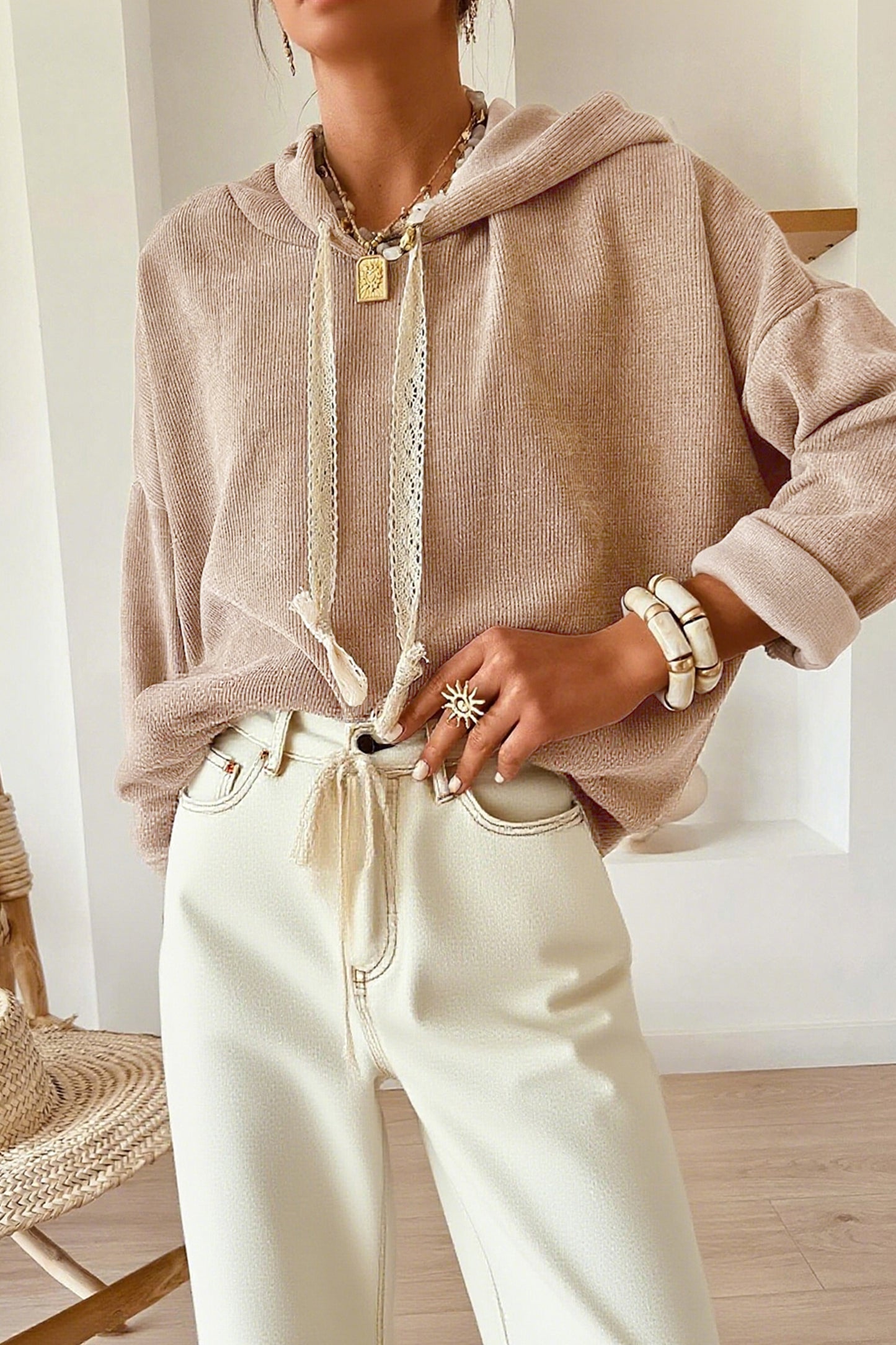 Jet Stream Thermal Textured Lace Drawstring Baggy Hoodie