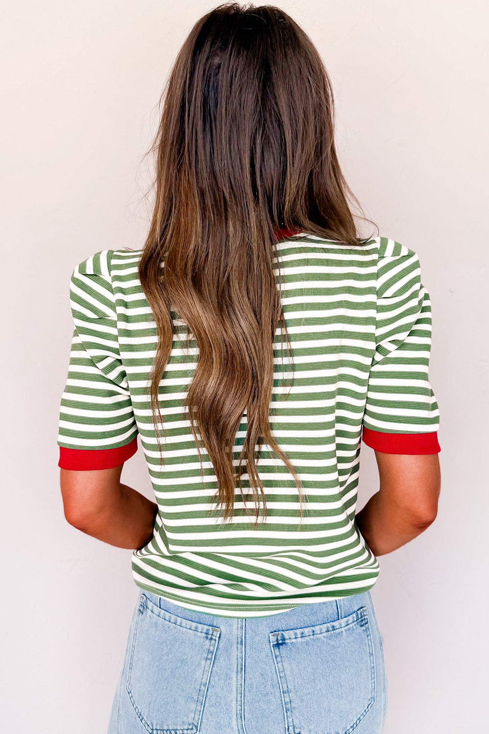 Green Stripe Short Puff Sleeve Contrast Trim Round Neck Tee