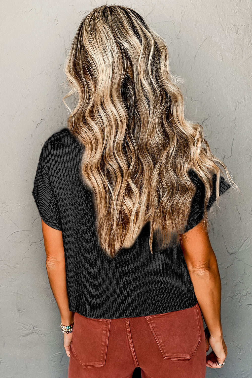 Dark Blue Patch Pocket Ribbed Knit Short Sleeve Sweater