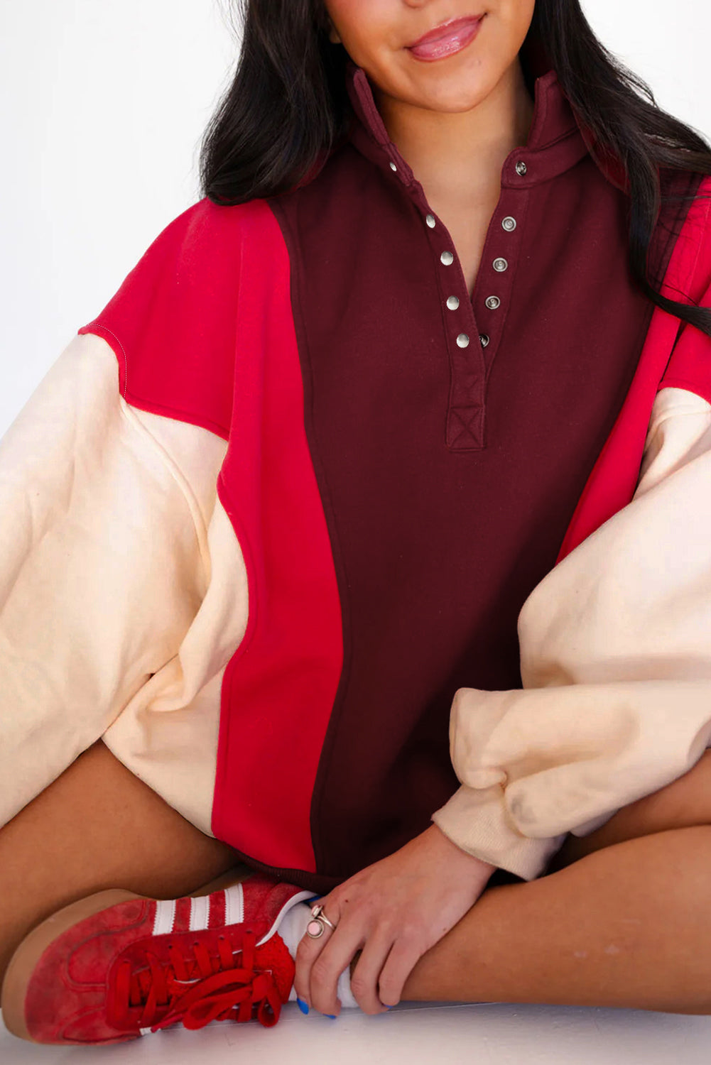 Fiery Red Colorblock Patchwork Oversized Sweatshirt