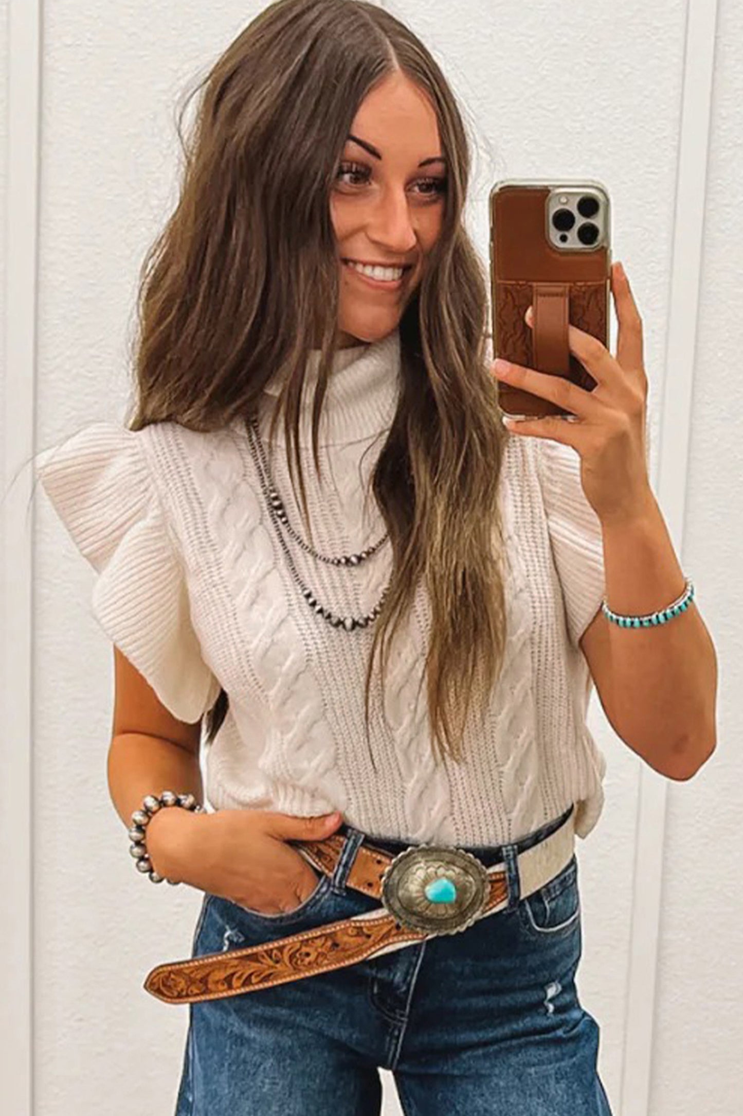 Tomato Red Cable Knit Turtleneck Ruffled Short Sleeve Sweater