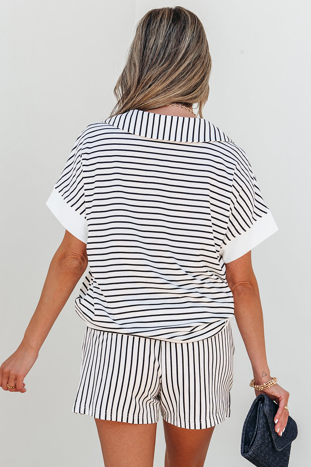 Black Stripe V Neck Tee and Casual Short Set