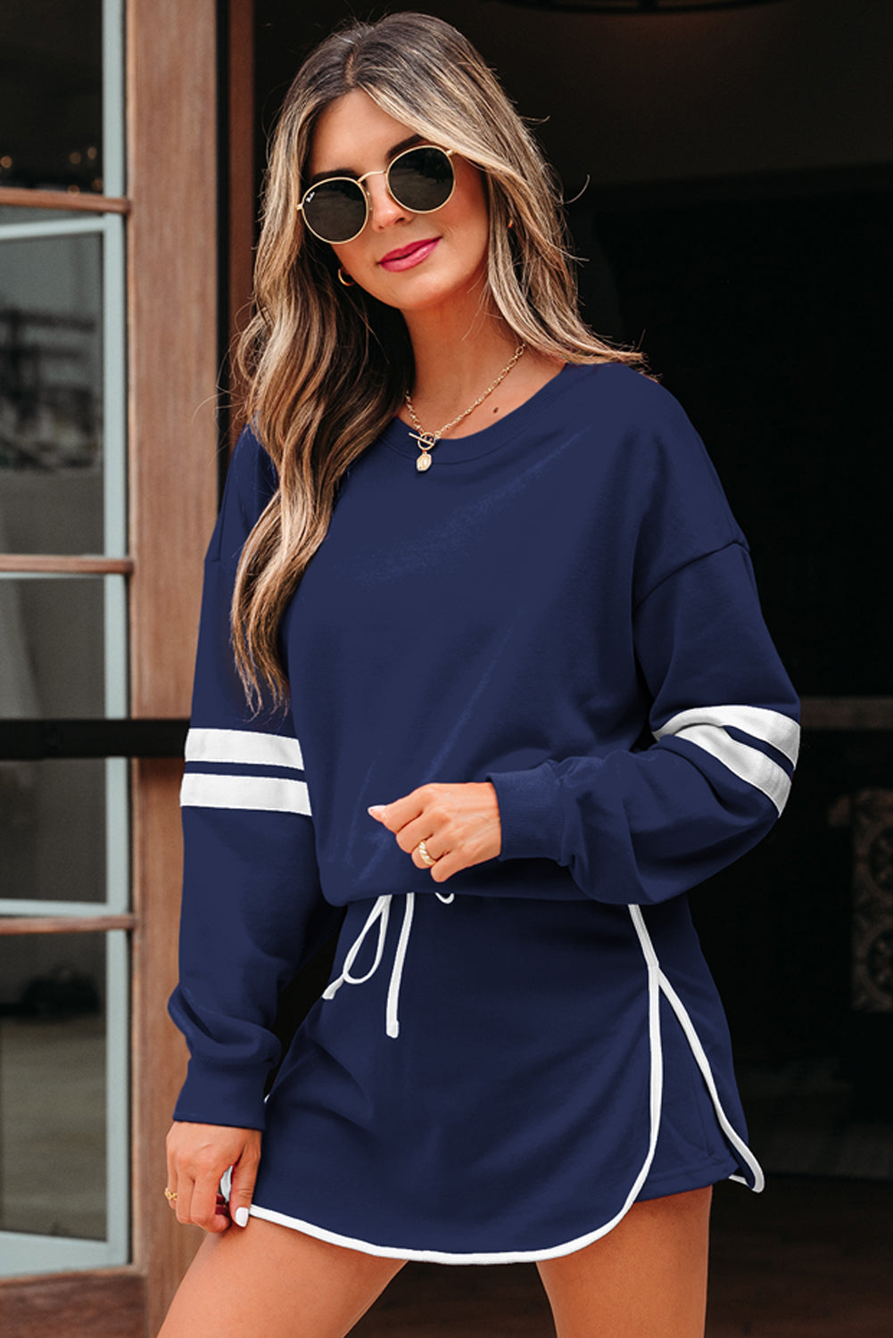 Fiery Red Varsity Stripe Detail Drop Shoulder Pullover Mini Skirt Set