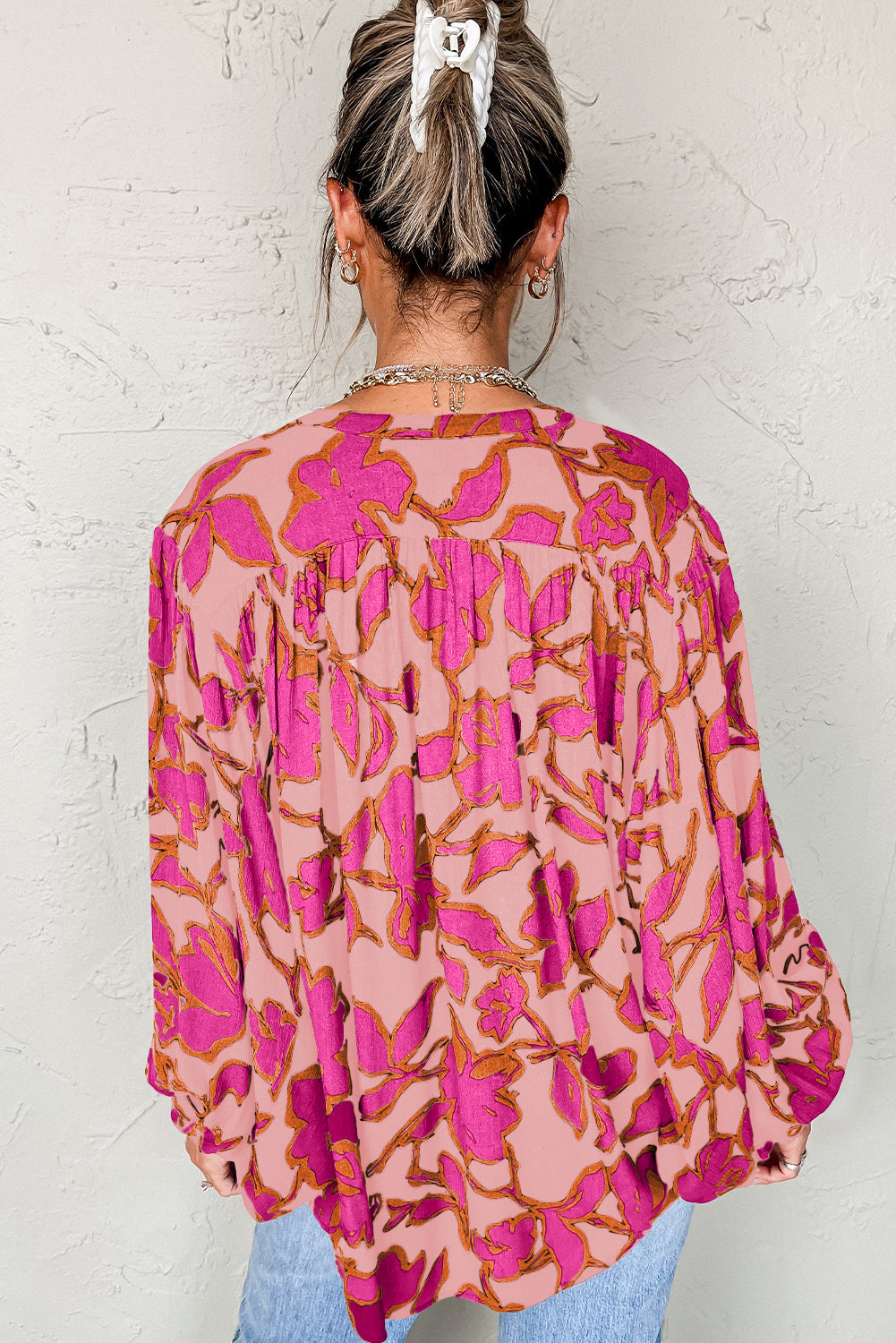 Blue Floral Print Batwing Sleeve Buttoned Loose Fit Shirt