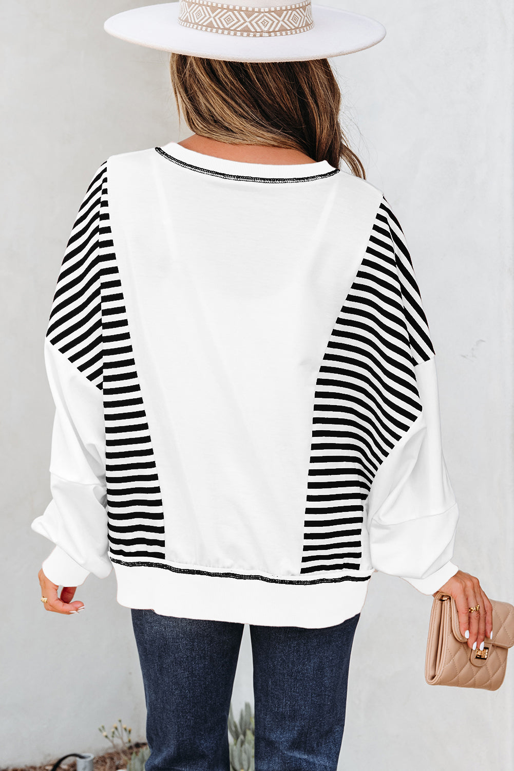 Red Stripe Colorblock Patchwork Contrast Stitching Oversize Sweatshirt