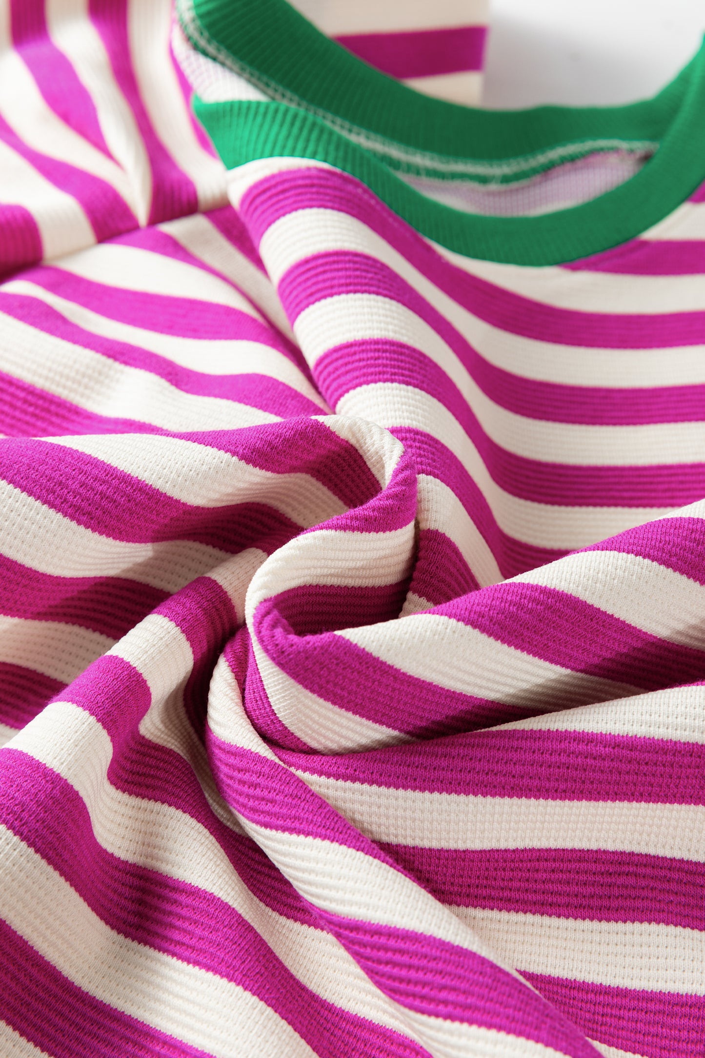 Green Stripe Short Puff Sleeve Contrast Trim Round Neck Tee