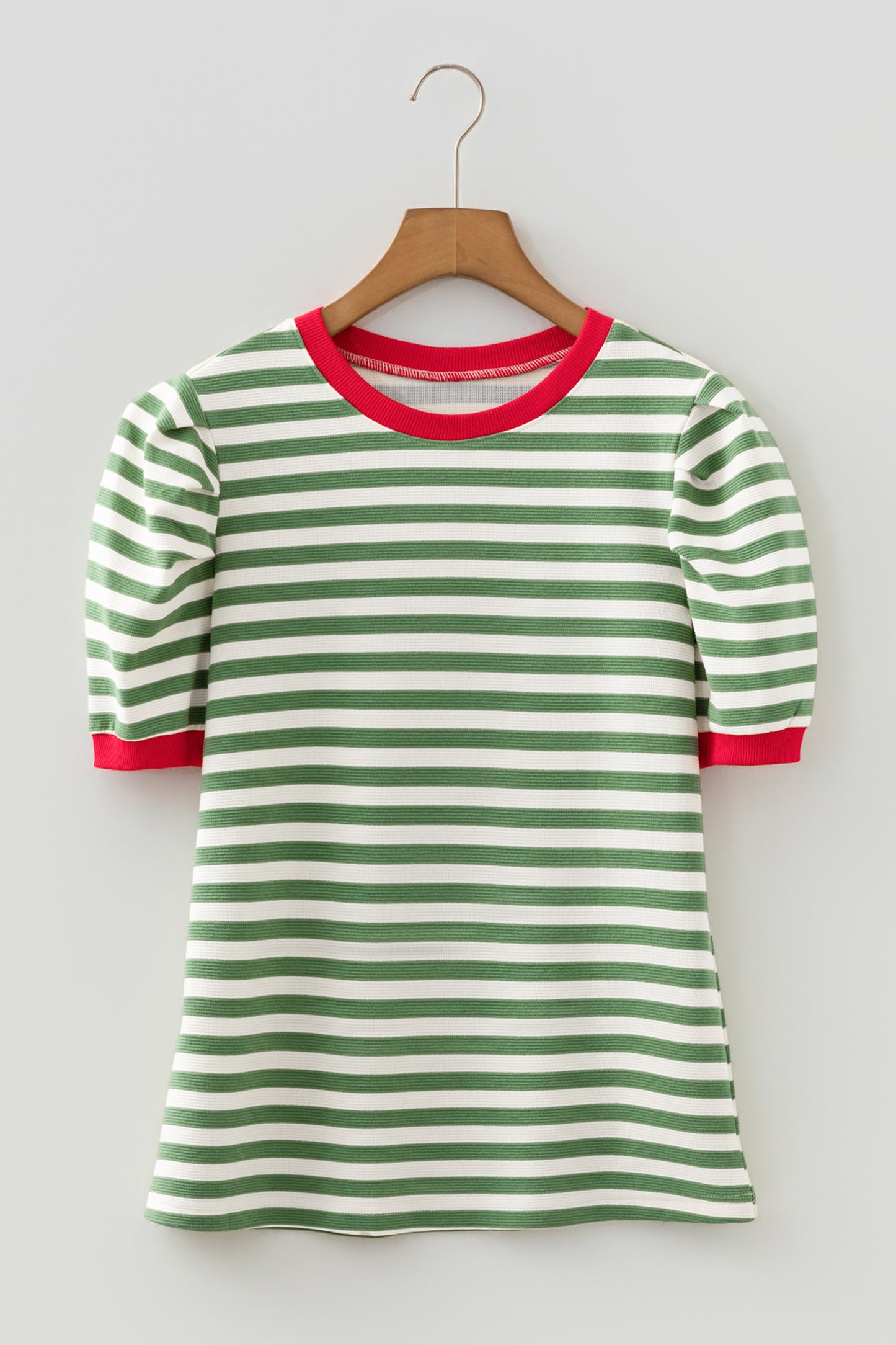 Green Stripe Short Puff Sleeve Contrast Trim Round Neck Tee