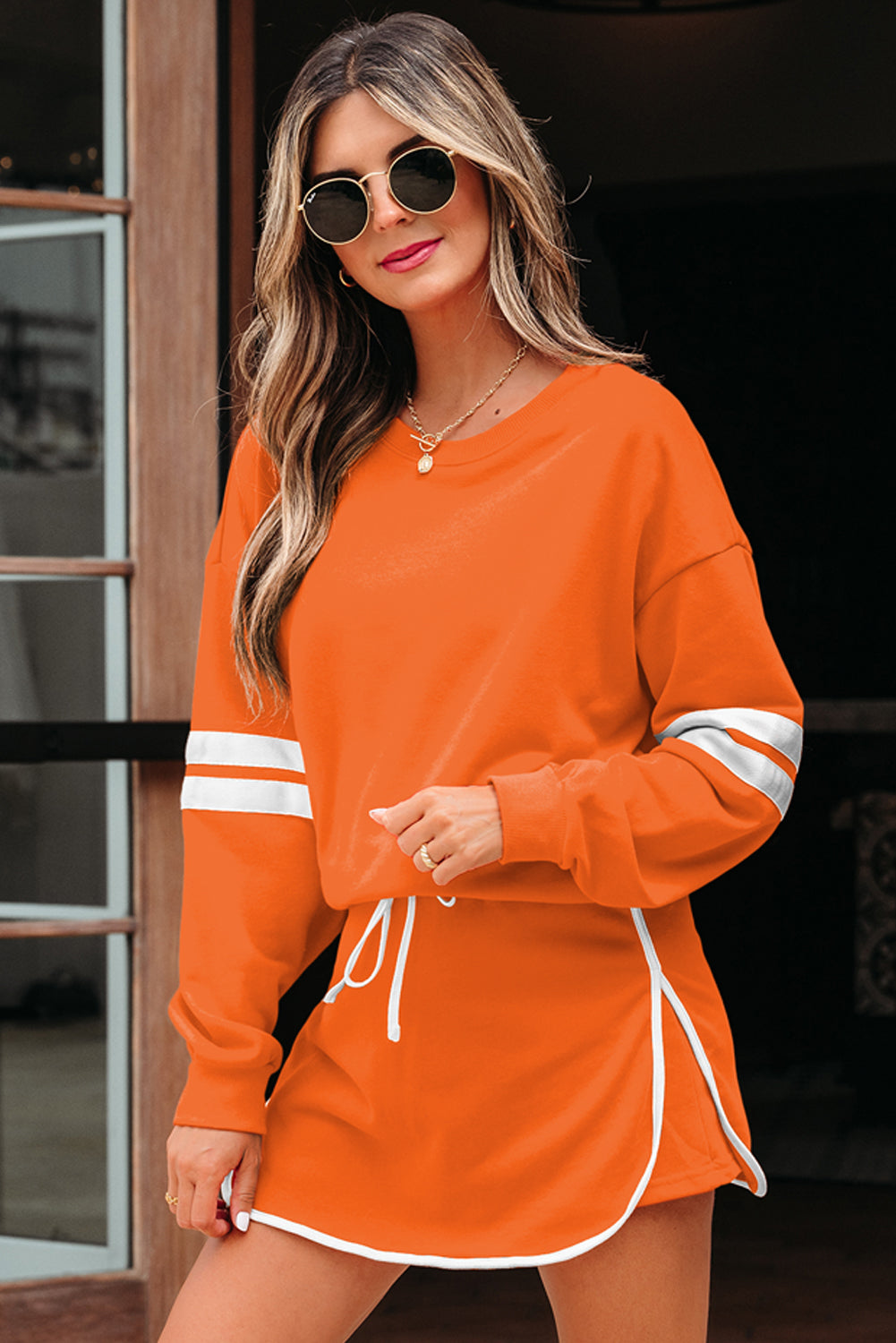 Fiery Red Varsity Stripe Detail Drop Shoulder Pullover Mini Skirt Set