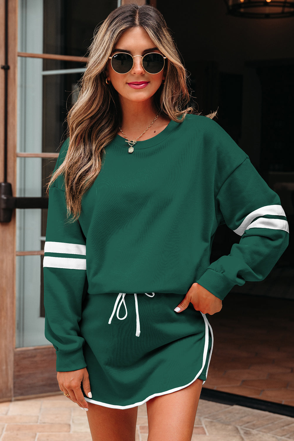 Fiery Red Varsity Stripe Detail Drop Shoulder Pullover Mini Skirt Set