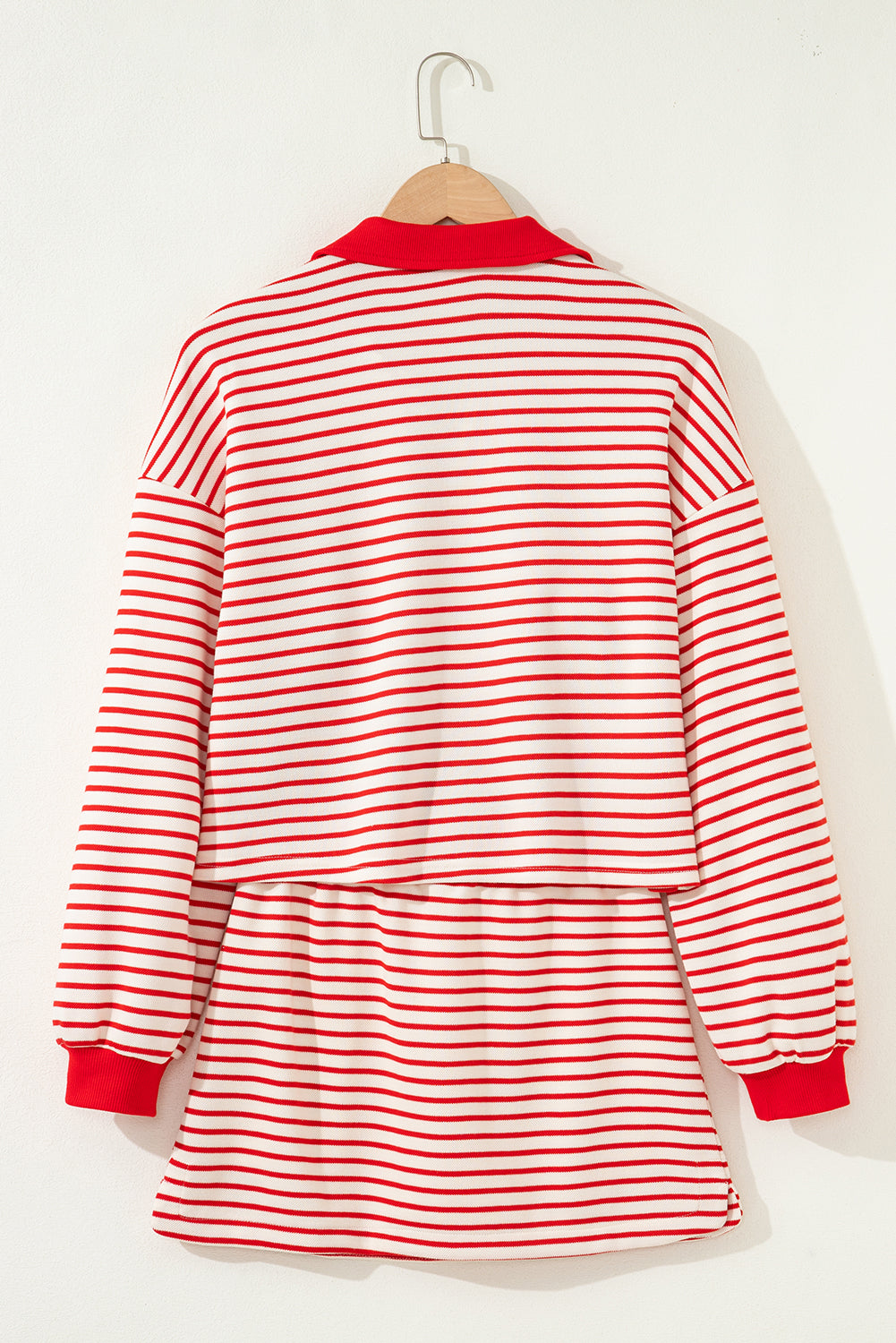 Pink Stripe Collared V Neck Drop Shoulder Pullover and Skort 2pcs Outfit