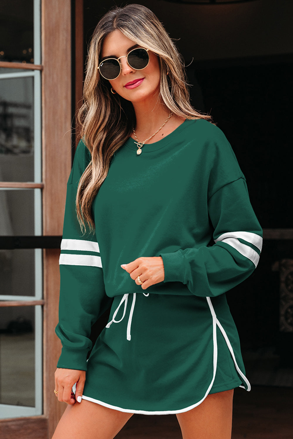 Fiery Red Varsity Stripe Detail Drop Shoulder Pullover Mini Skirt Set