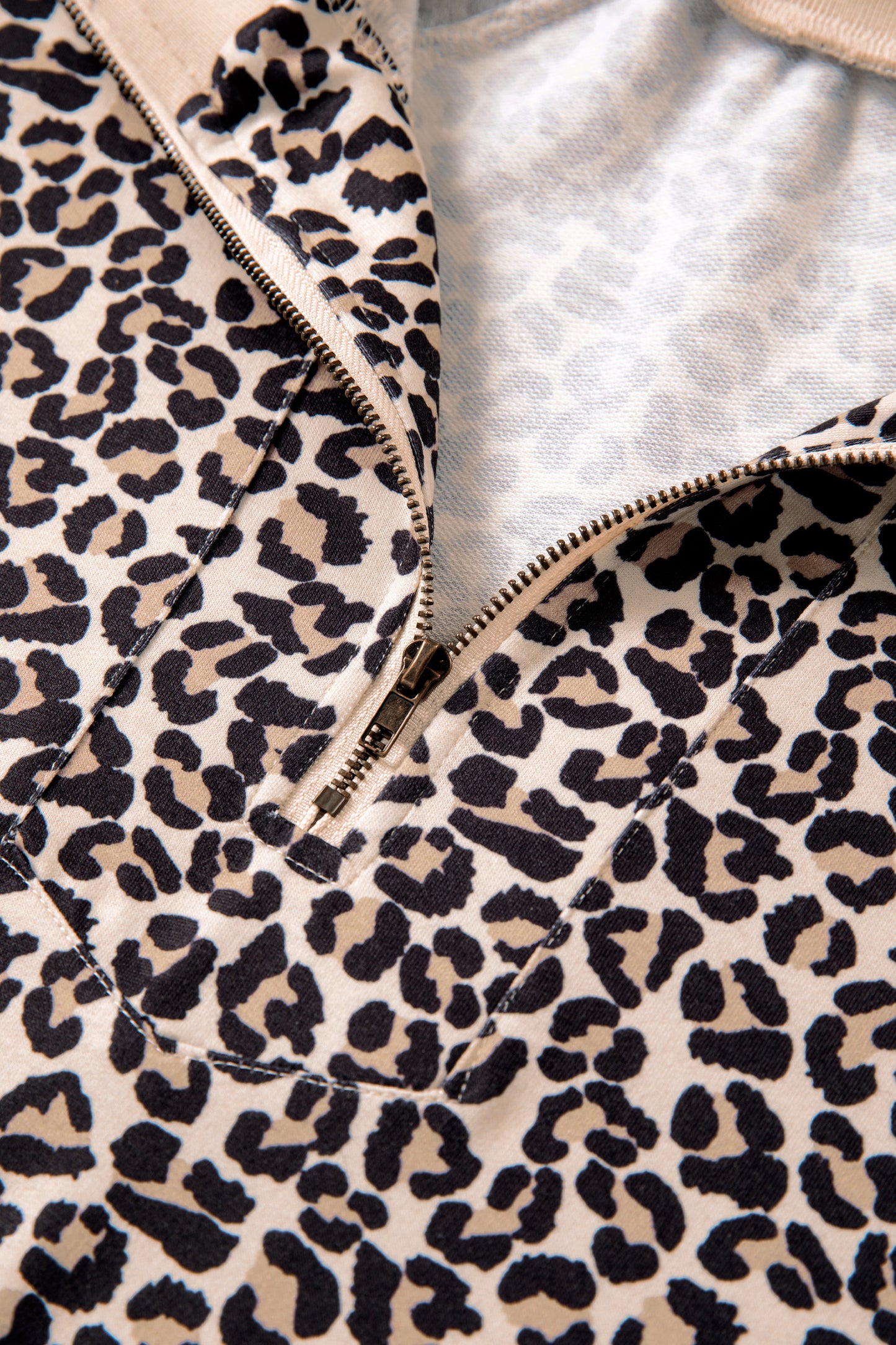 Brown Leopard Print Half Zip Striped Trim Patchwork Short Sleeve Top