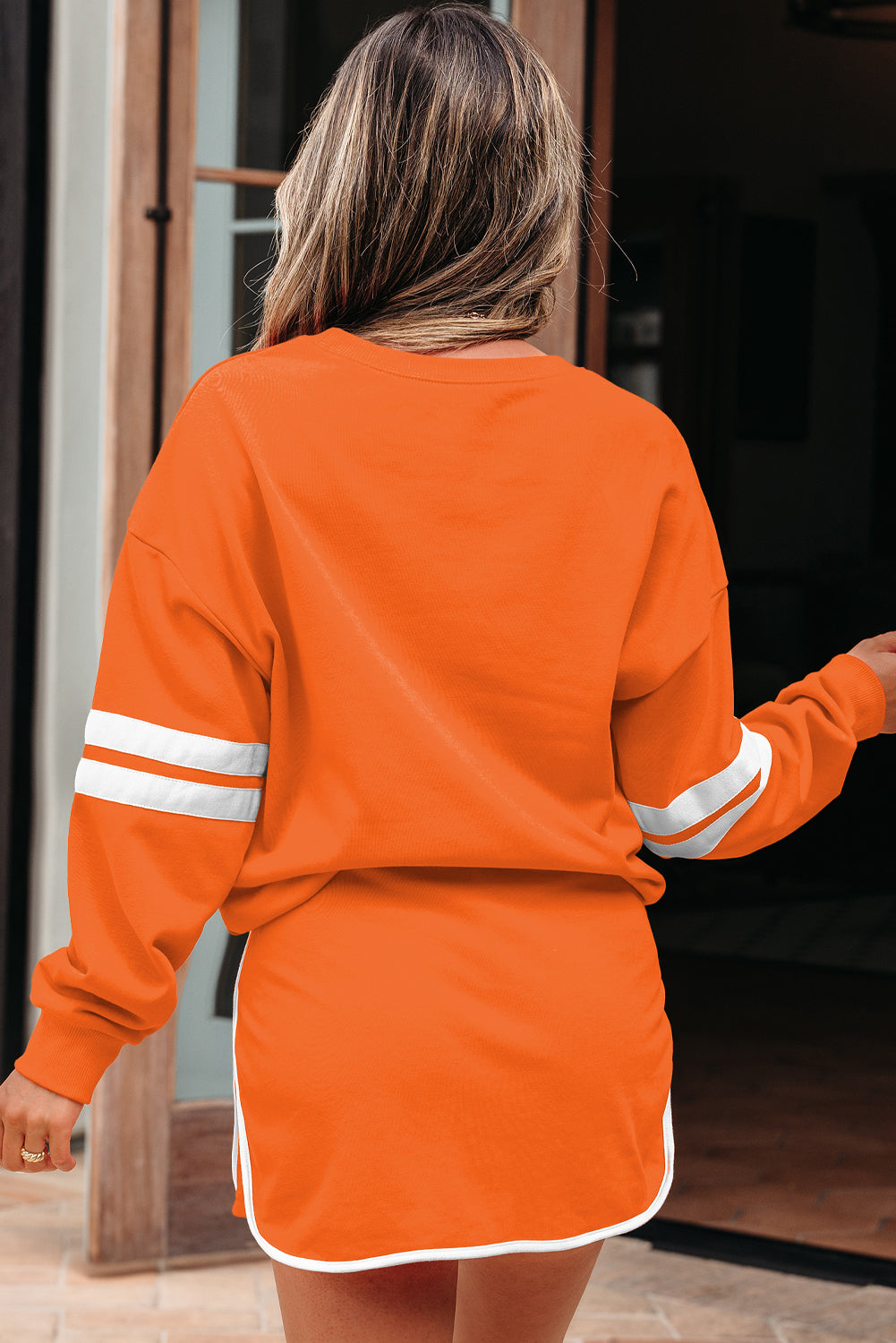 Fiery Red Varsity Stripe Detail Drop Shoulder Pullover Mini Skirt Set