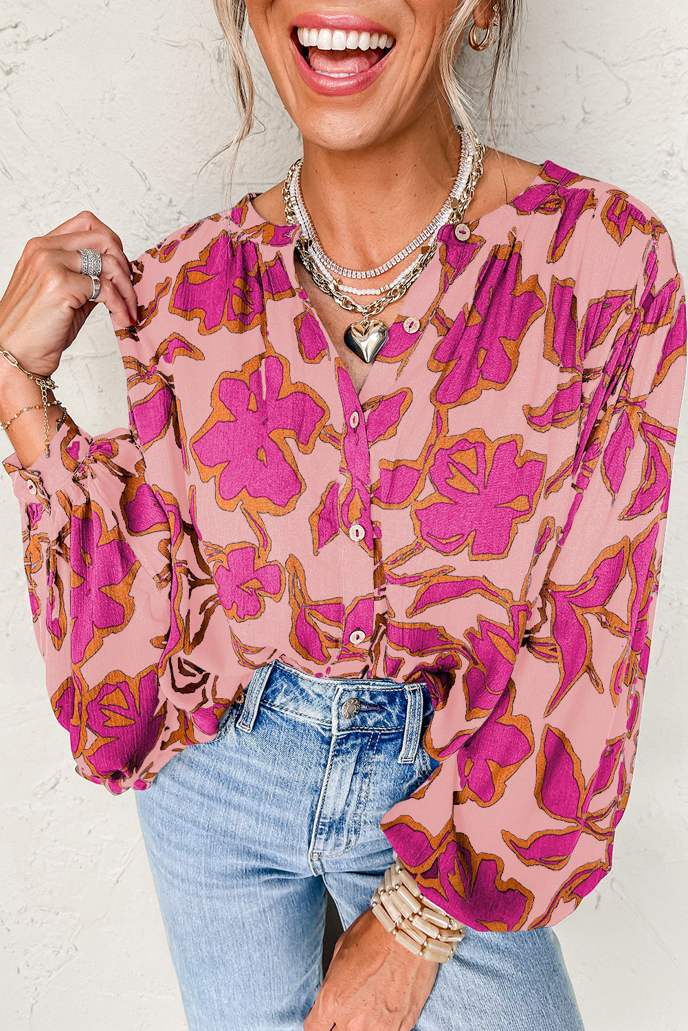 Blue Floral Print Batwing Sleeve Buttoned Loose Fit Shirt