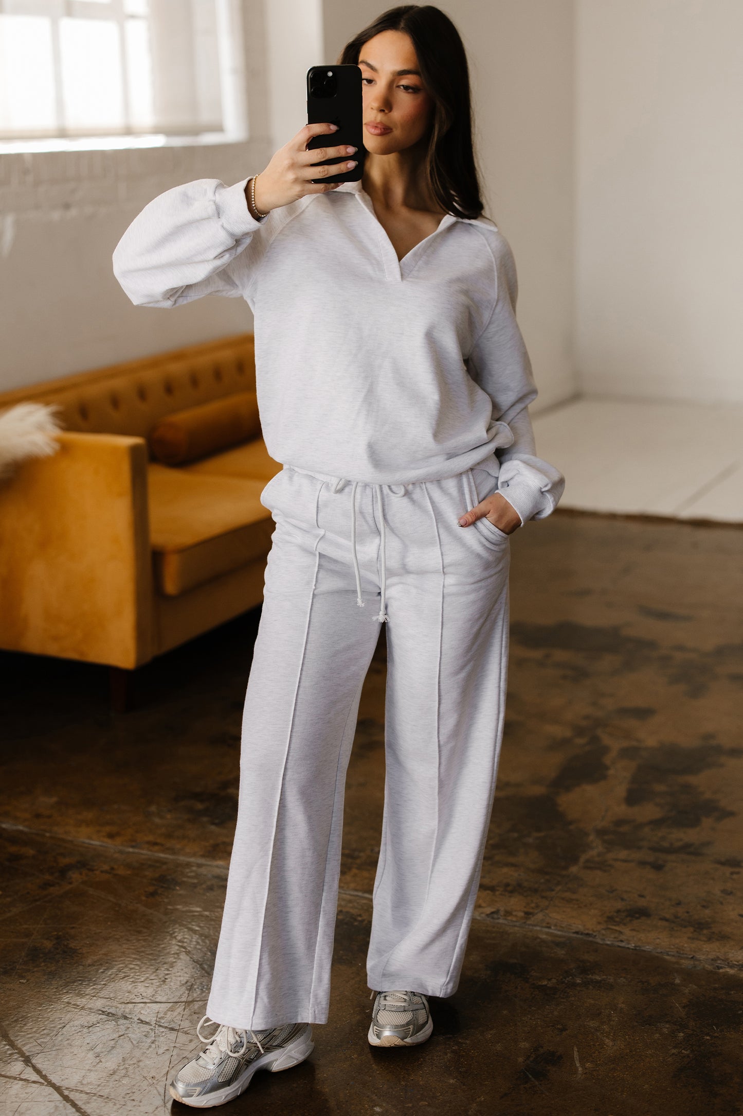 Dark Khaki Polo Collar V Neck Pullover and Drawstring Sweatpants Set