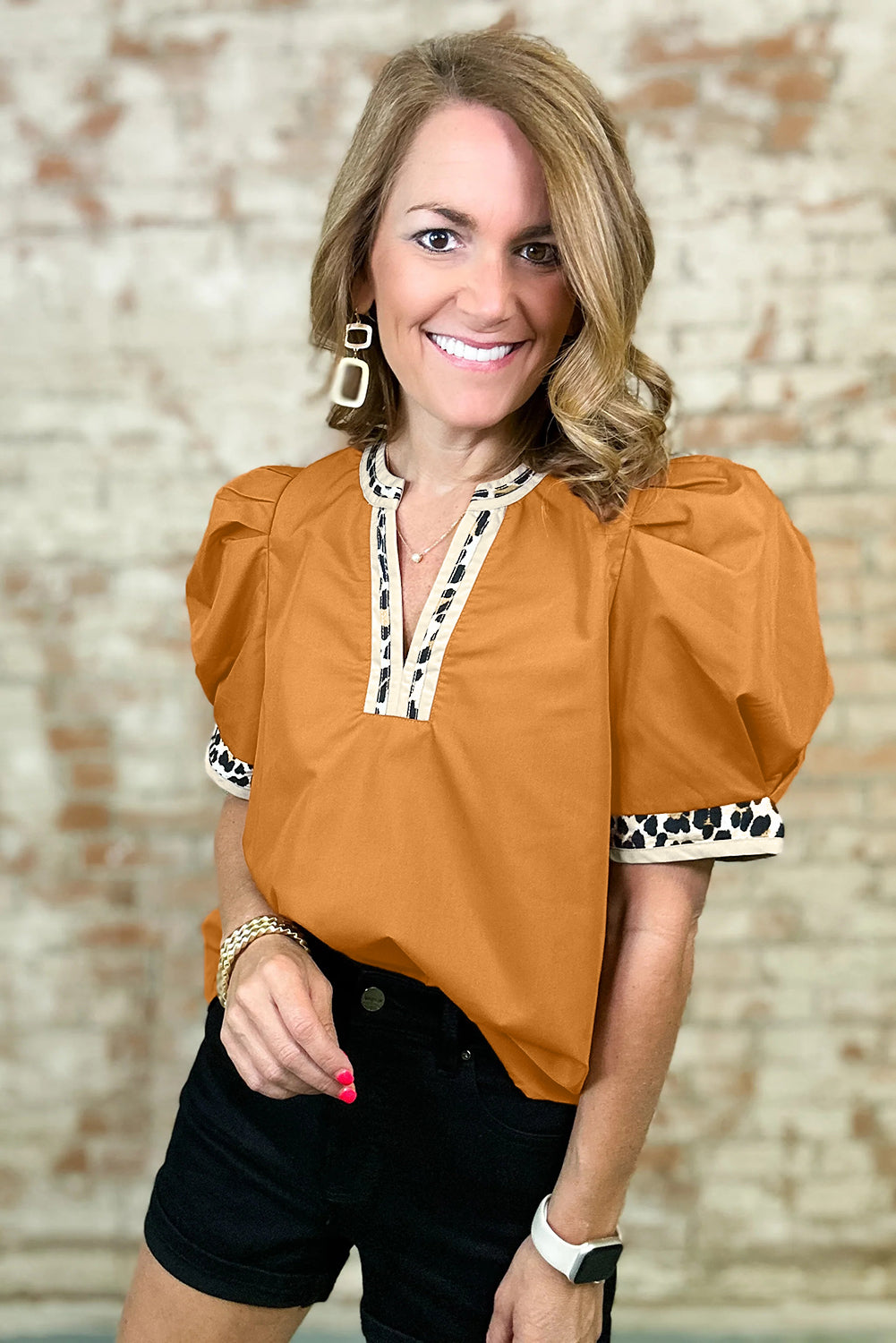 Buckskin Contrast Leopard Trim Split Neck Puff Sleeve Blouse
