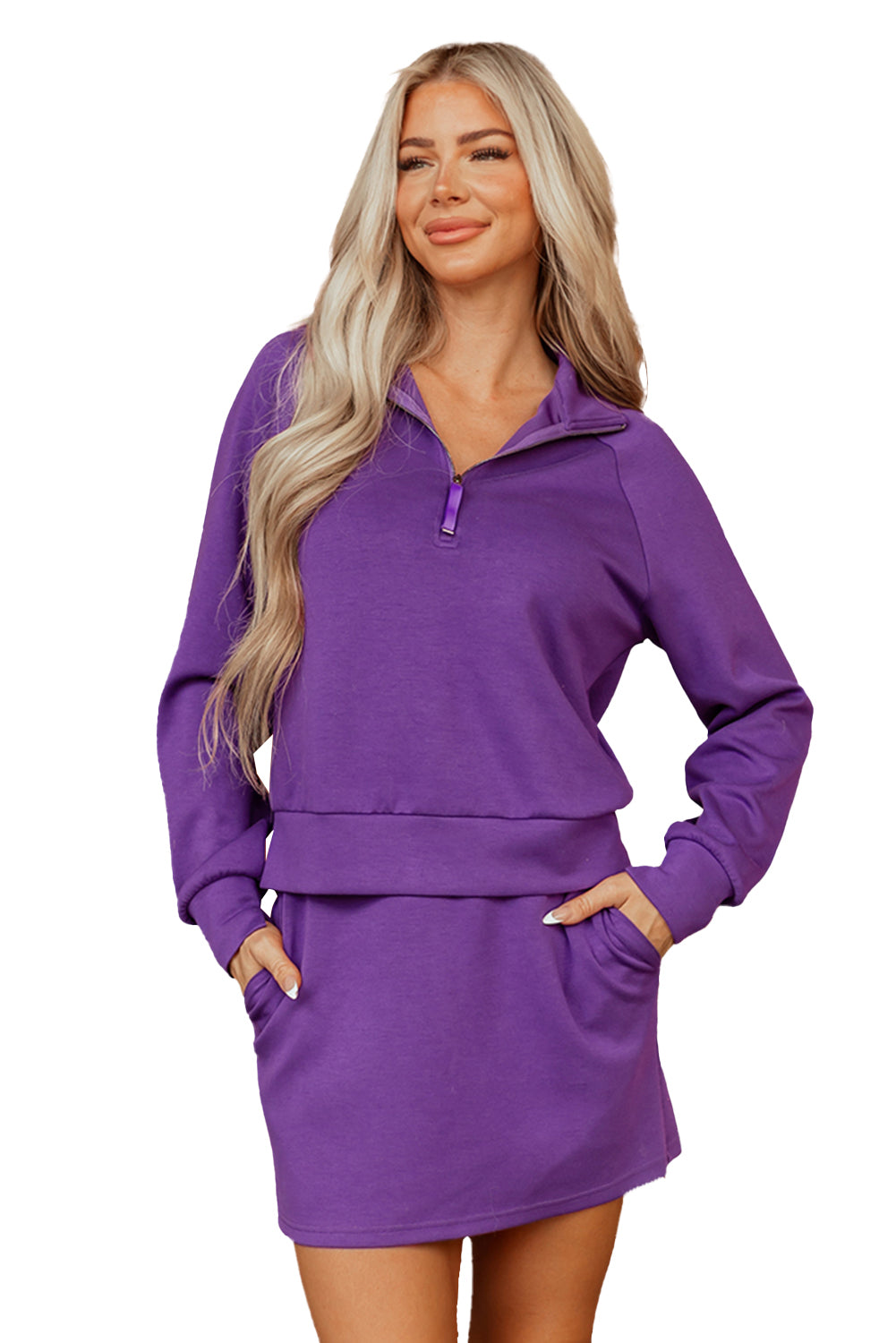 Pink Half Zip Sporty Pullover Mini Skirt 2pcs Outfit