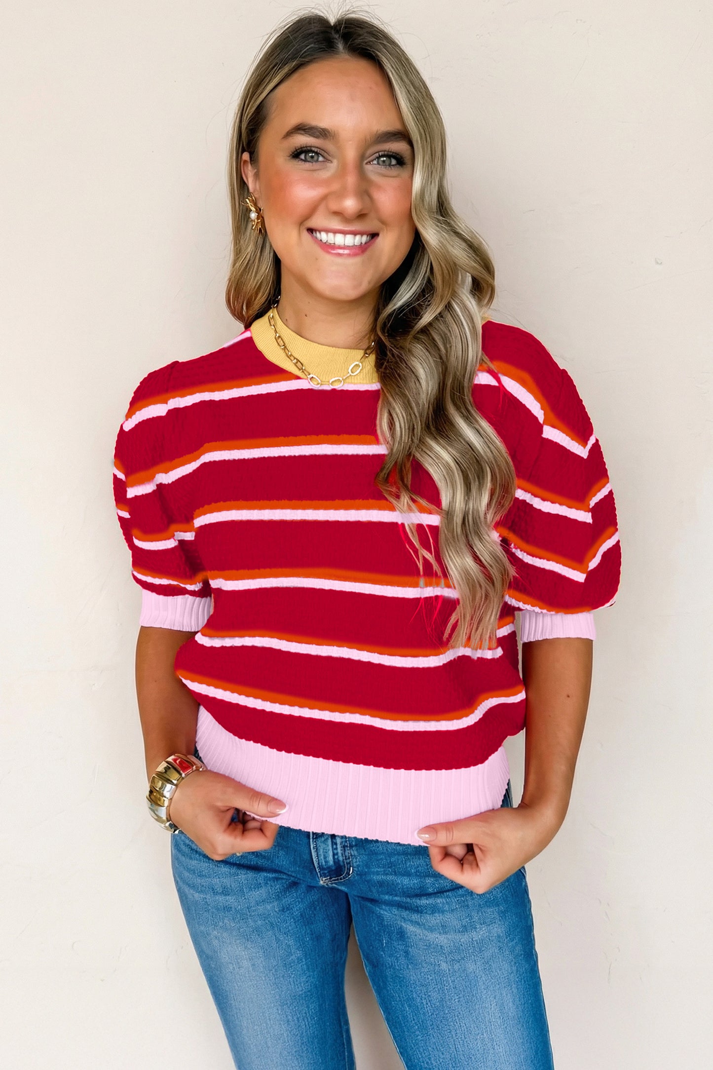 Sky Blue Stripe Colorblock Trim Half Sleeve Sweater Top
