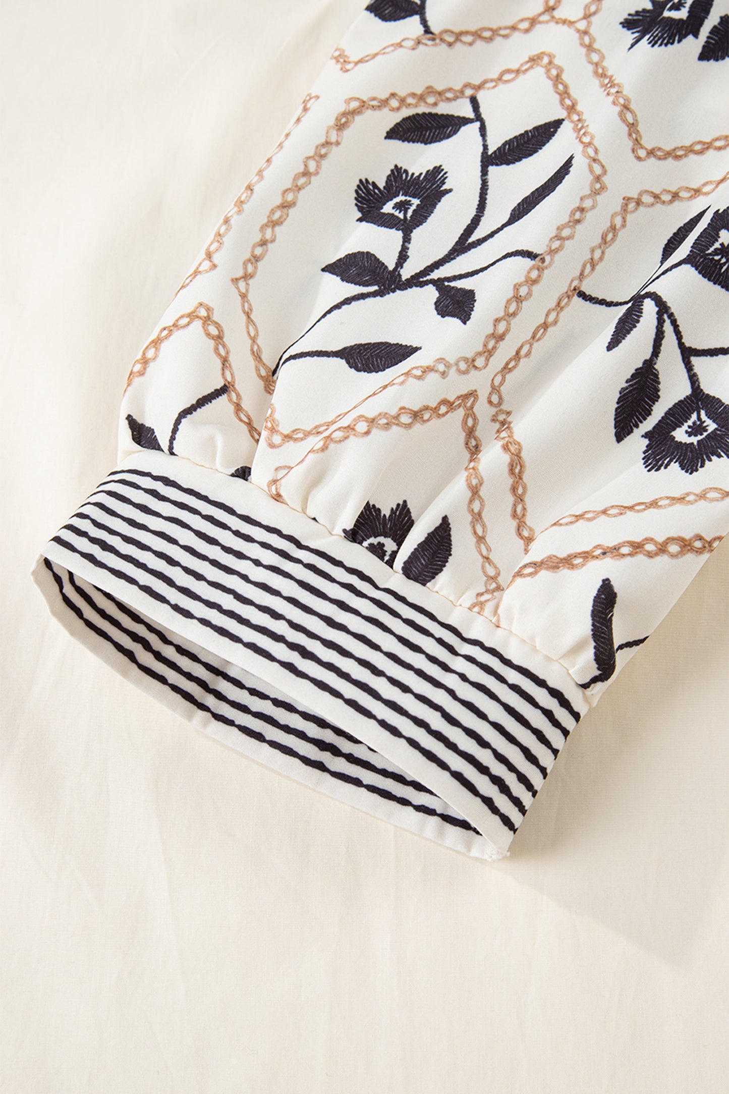 White Floral Puff Sleeve Contrast V Neck Patchwork Blouse