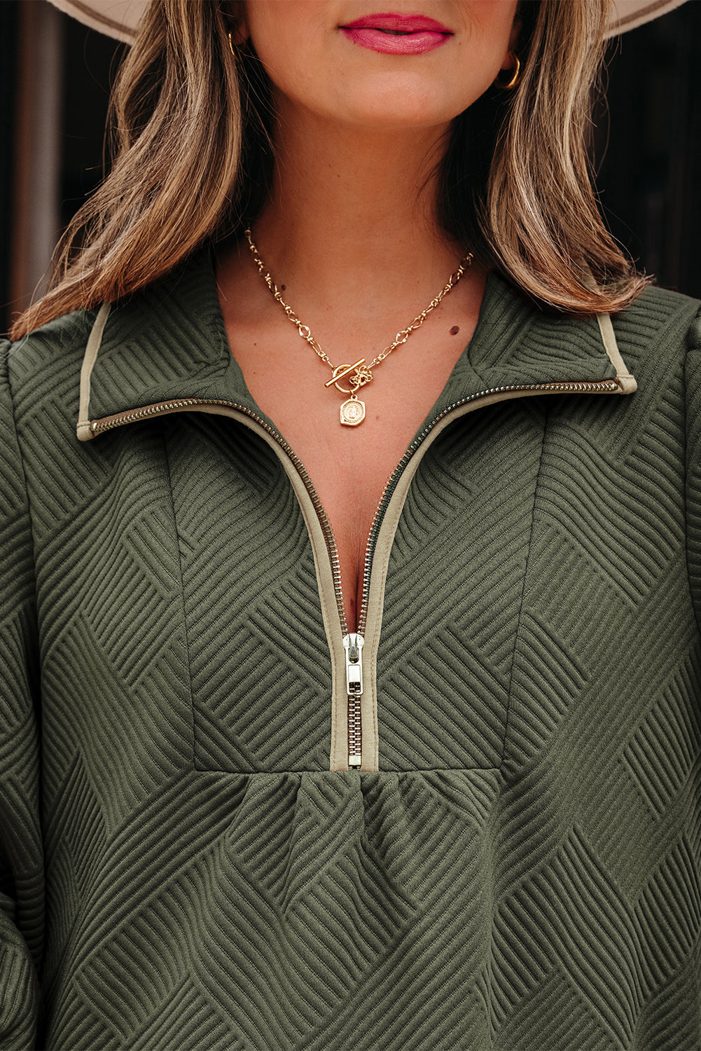 Jungle Green Quarter Zip Collar Bracelet Sleeve Textured Mini Dress