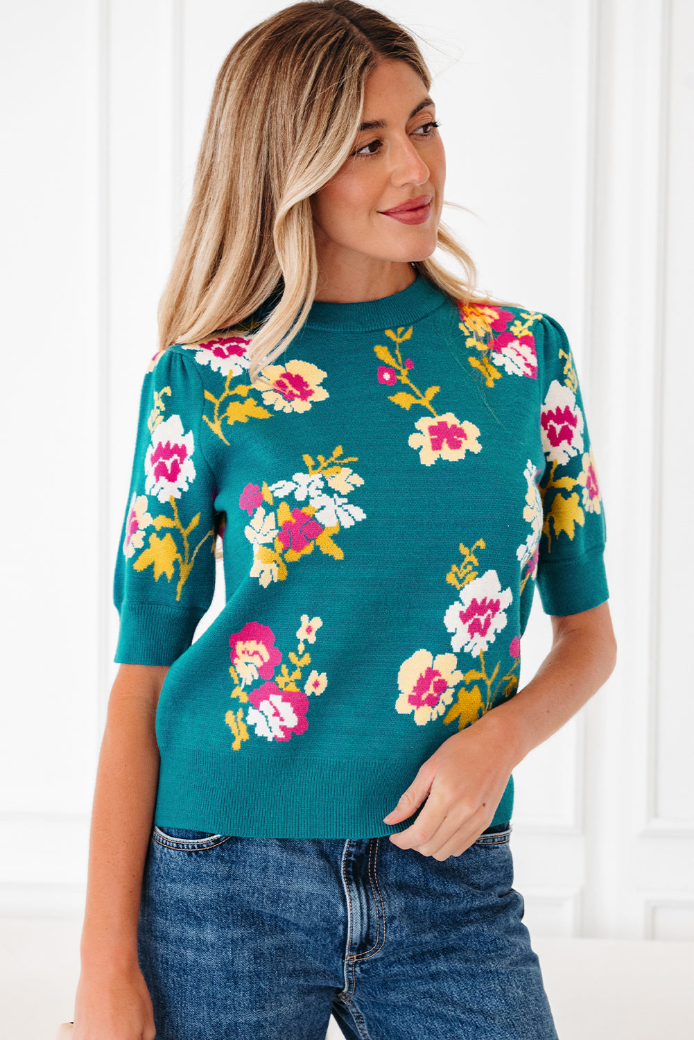 Blue Flower Pattern Mock Neck Short Sleeve Knitted T Shirt
