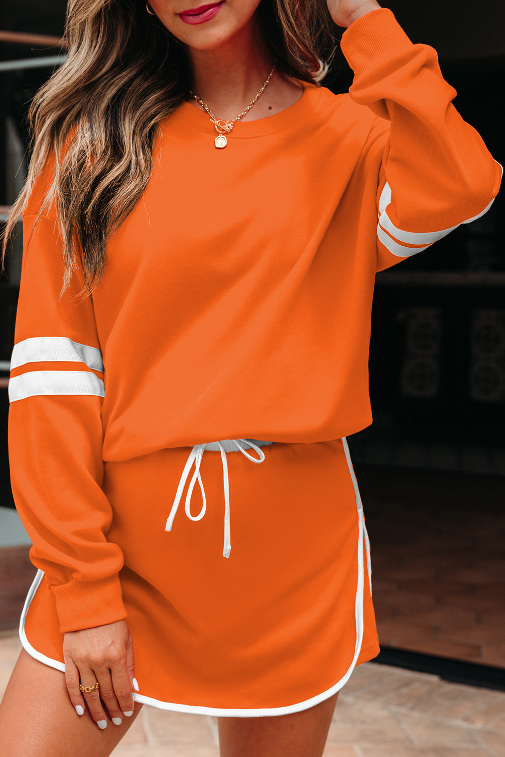 Fiery Red Varsity Stripe Detail Drop Shoulder Pullover Mini Skirt Set