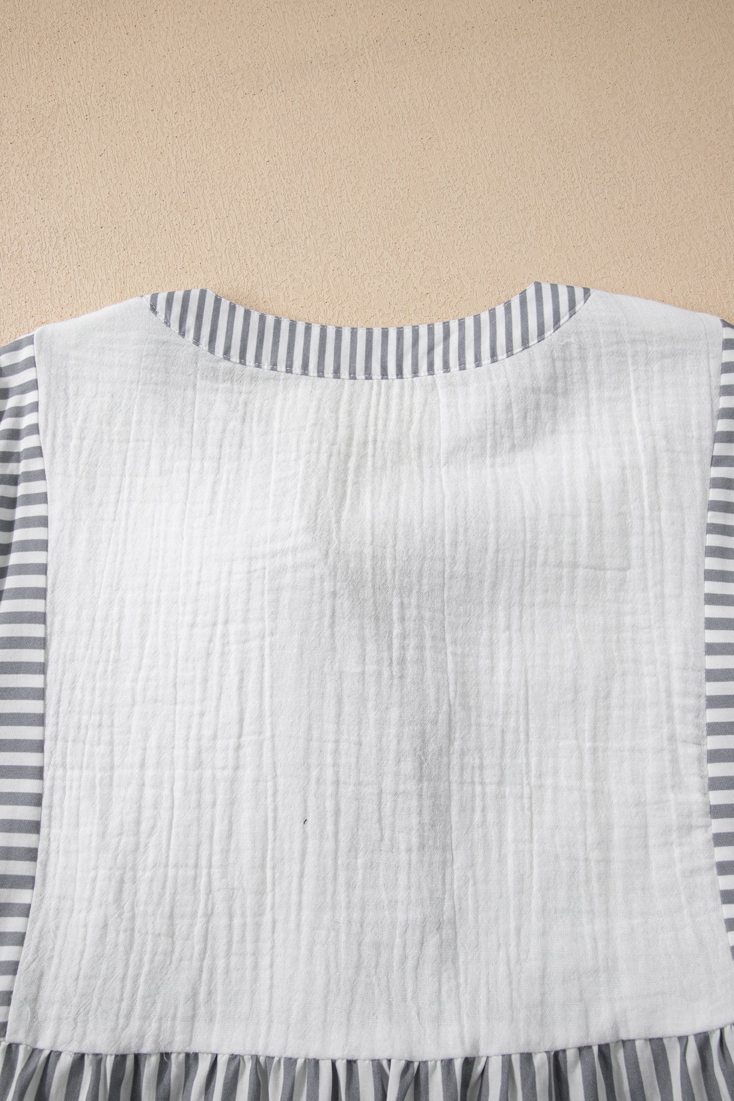 Gray Stripe Half Button Gauze Patchwork Bracelet Sleeve Babydoll Blouse